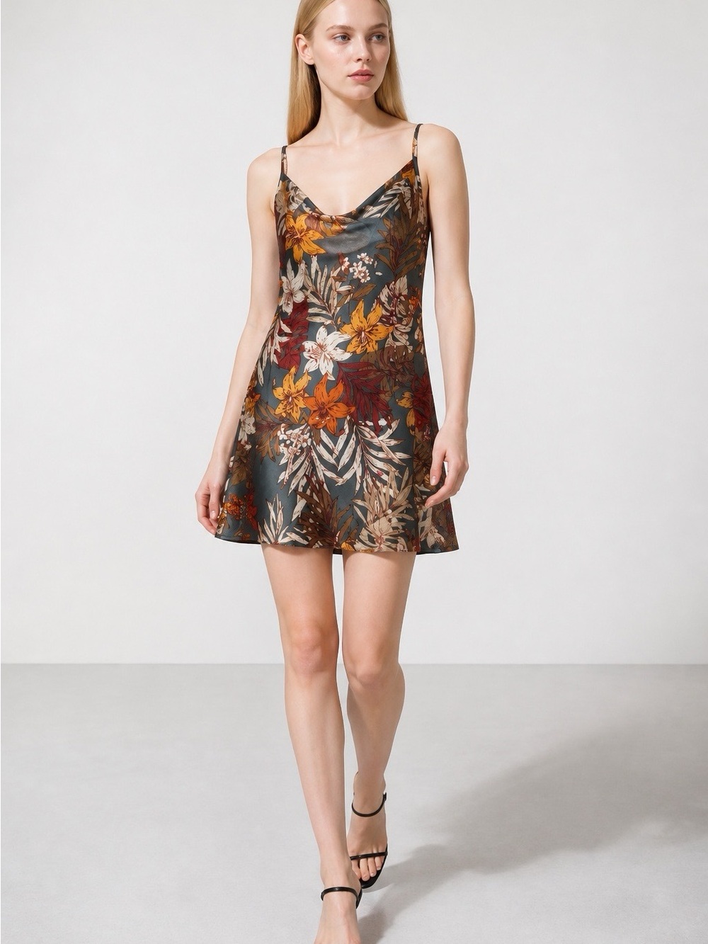 SHEIN Olive Floral Slip Mini Dress with Rust and Cream Blooms